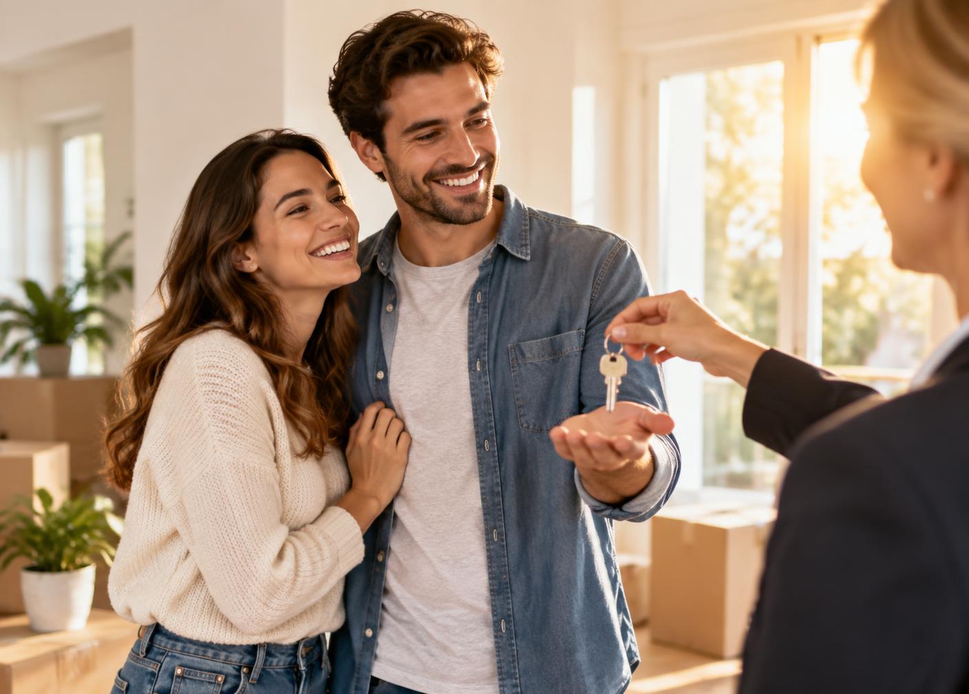 Couple receiving the keys to their first home